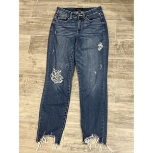 Judy Blue Slim Fit Women's Dark Wash Distressed Denim Jeans Rough Hem Sz 1/25